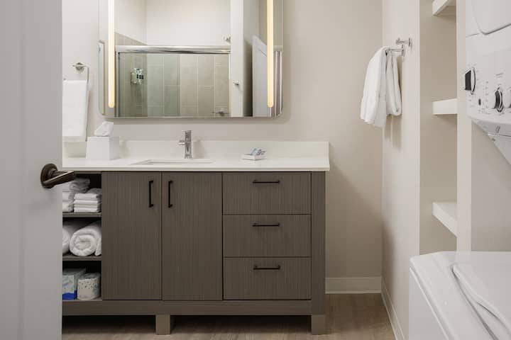 Guest room bath at the WaterWalk Extended Stay Jacksonville Deerwood Pk in Jacksonville, Florida